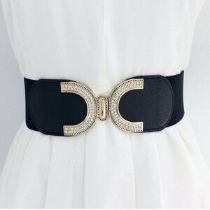Rhinestone Buckle With Elastic Waist Belt Black